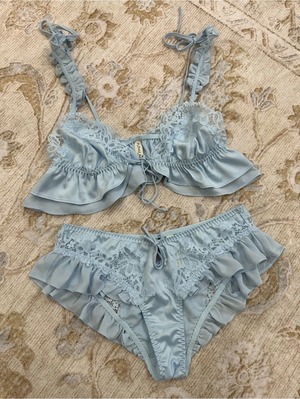 For Love and Lemons Light Blue Lace & Ruffle Satin Lingerie Set